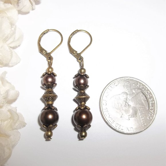 Brown Earrings, Brown Earring Set, Brown Pearl Earrings, Boho Earrings, NWT 7480 - Picture 2 of 8
